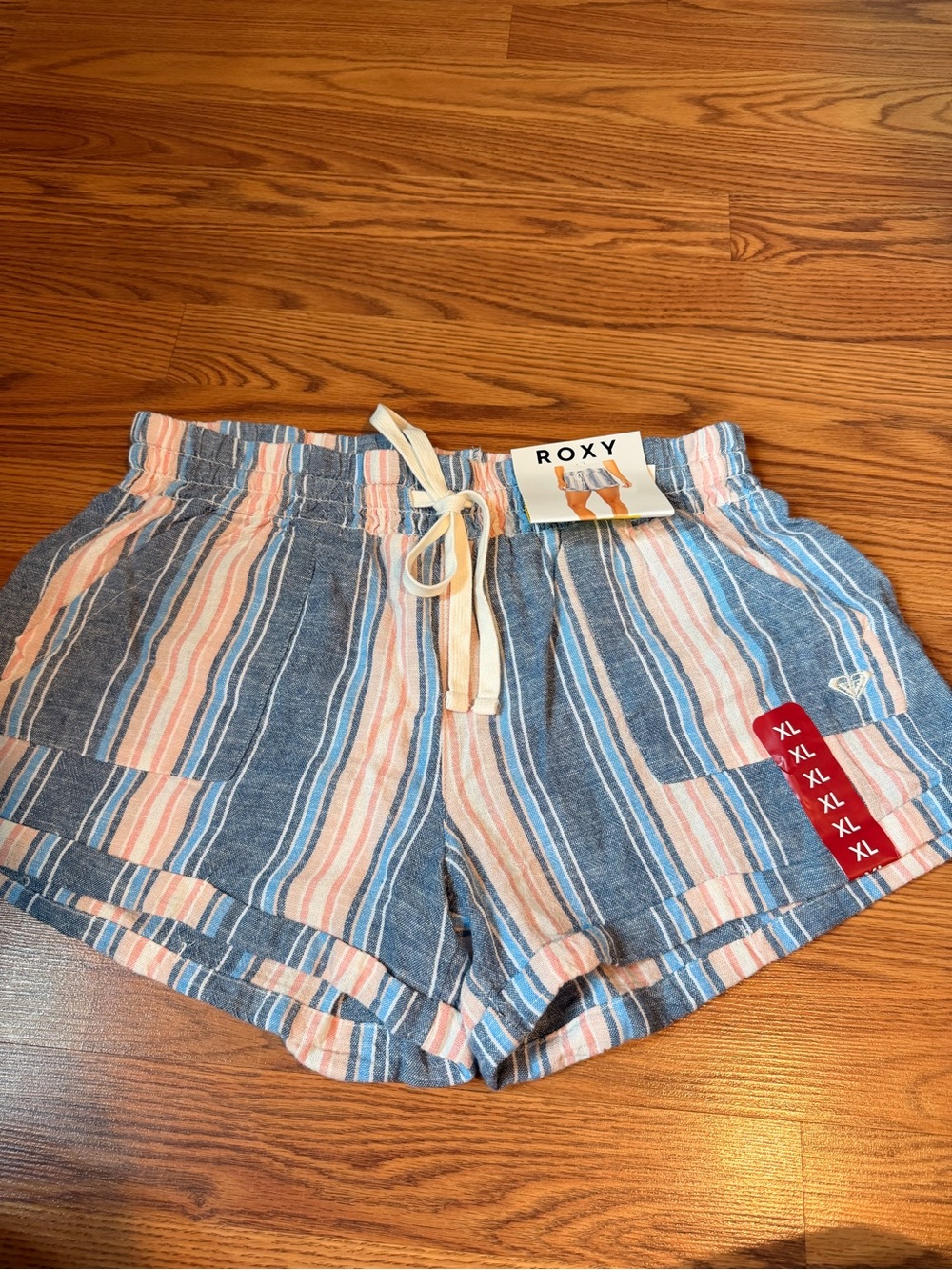 Roxy Women's Blue & Pink Striped Linen-Blend Shorts XL NWT